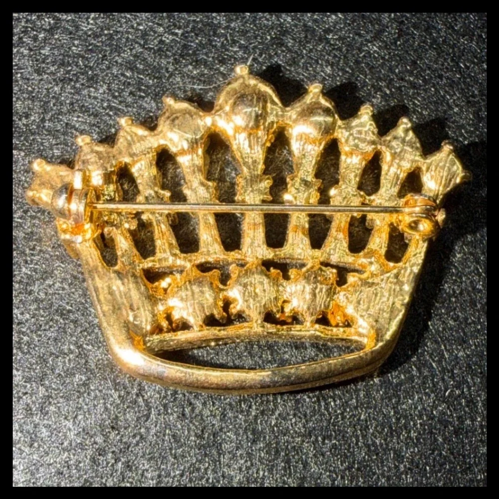 Crown Brooch Pin Gold Multi-Color Rhinestone Mardi Gras Regal
